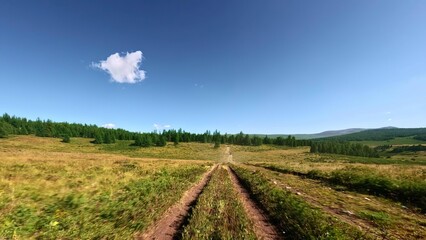 Open farmland with colorful fields and blue sky on sunny day © TamasSzora