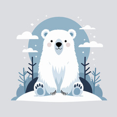 Fototapeta premium Cute cartoon polar bear sitting on snow with winter landscape background.