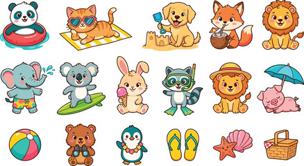 Fototapeta premium Cute Summer Animal Character Collection with Beach Vacation Pets and Tropical Cartoon Illustration