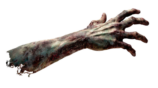 Creepy zombie hand reaching forward with decayed skin horror halloween monster attack concept isolated spooky undead limb realistic render on White background