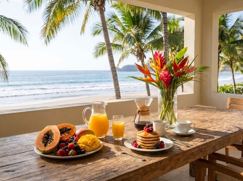 Tropical breakfast with pancakes and fruit overlooking the ocean