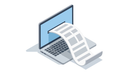 A long printed document flows directly out of a modern laptop screen, gracefully cascading down over the grey keyboard and onto an open surface in a clean and minimalist isometric design illustration © Skyframe