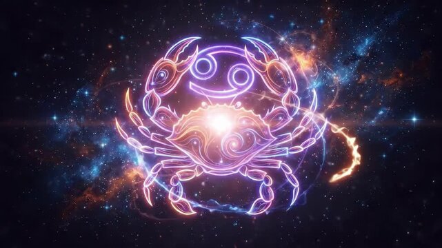 Glowing neon orange and blue crab symbolizing the Cancer zodiac sign. Celestial astrological glyph set against a starry cosmic background with swirling nebula light