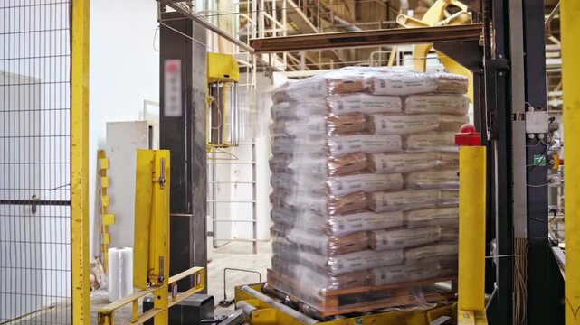 Automated pallet wrapper machine secures stacked bags with plastic film for shipment in industrial warehouse.