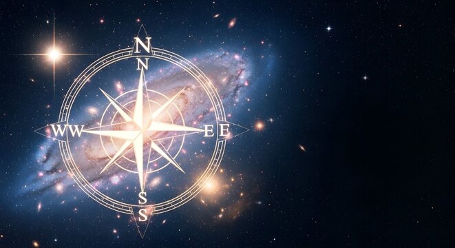 Golden compass in space with stars and galaxies