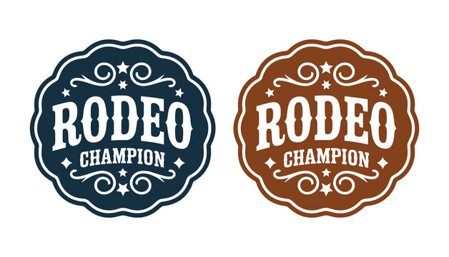 Vintage western rodeo logo featuring cowboy belt buckle, bull rider badge and ranch apparel branding emblem.