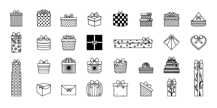 Gifts with Various Patterns and Designs in Black and White Featuring Gift, Present, Wrapping with Bow and Ribbon Elements