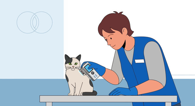 Veterinarian scanning cat with microchip reader, pet identification, animal care concept