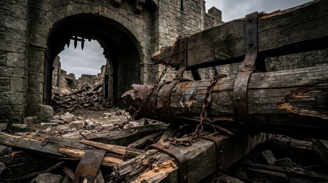 Shattered Medieval Battering Ram Amidst Castle Ruins, Symbolizing Ancient Siege Warfare