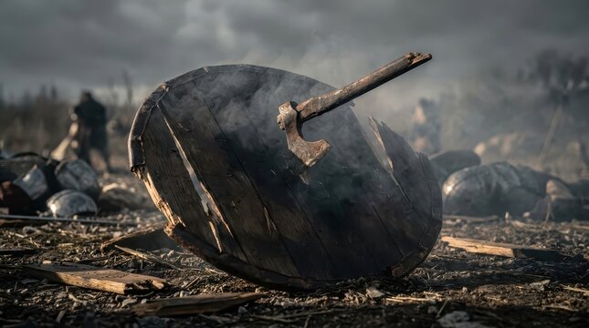 Shattered Viking Shield and Axe on Battlefield