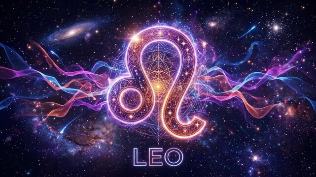 Glowing neon Leo zodiac symbol in space. Cosmic background with colorful nebulae and stars. Astrological sign of the lion