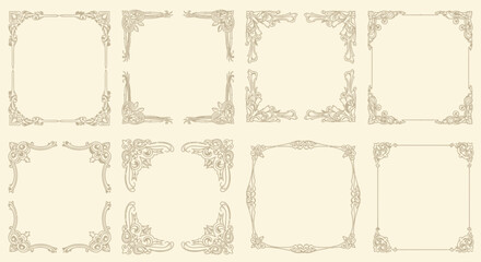 Fototapeta premium Elegant Ornate Flourish Corner Border Designs, Vintage Decorative Elements
