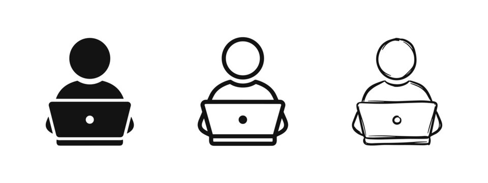 Person working on laptop computer, user icon set, flat line and sketch style