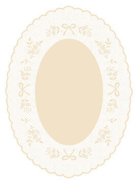 Vintage oval lace frame with ribbon motifs. Whimsy classic lace doily with delicate mesh texture, bow, floral. Retro clipart in crochet style for baby shower invitations, greeting cards.