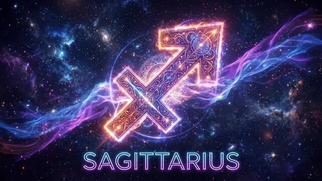 Sagittarius zodiac symbol with glowing neon arrow and intricate patterns against a starry galaxy background