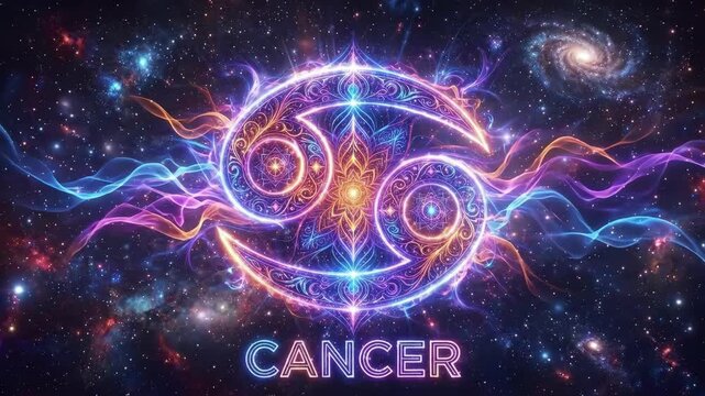 Vibrant neon Cancer zodiac symbol floating in deep space galaxy background with colorful fractal patterns and glowing cosmic nebulae