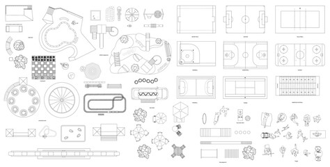 Obraz premium Top view of an amusement park. Vector illustration of isolated objects. Amusement rides, playing fields, skate park, children's playground, dog play area, chessboard etc.