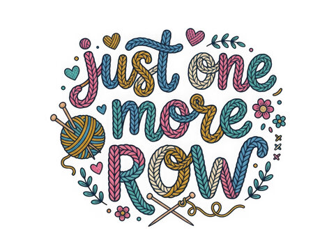 Just one more row colorful knitting quote design