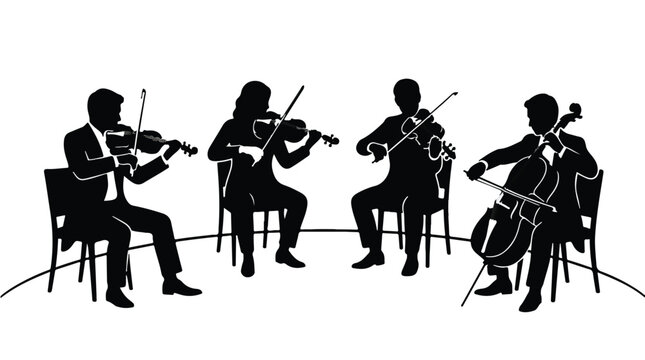 Silhouette of musicians playing violins and cello in concert, classical music performance with string quartet on stage in formal attire
