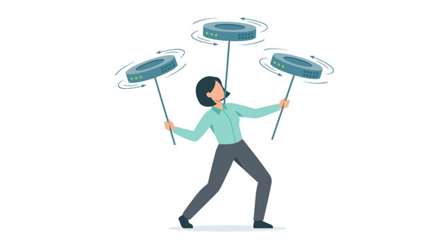 Female database administrator juggling spinning server discs on poles for multitasking concept flat design vector illustration.