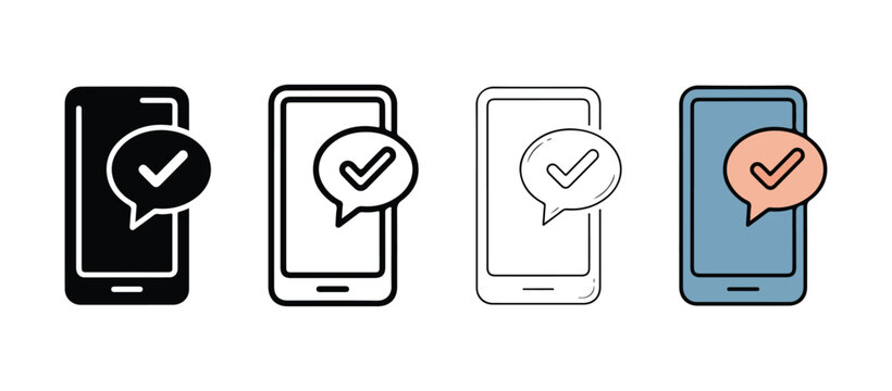 Smartphones with checkmark speech bubbles on screen  mobile phones with chat icons  communication technology