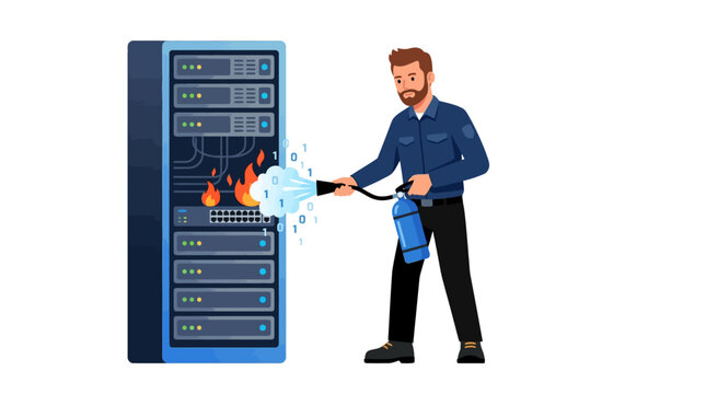 IT specialist using binary code fire extinguisher to stop server rack fire flat design vector illustration