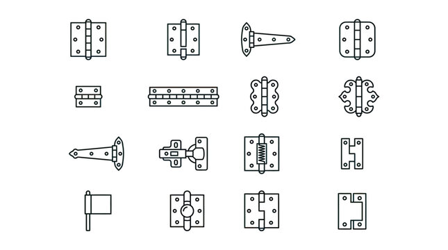 Collection of different types of hardware hinges isolated on white background