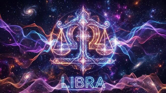 Glowing neon Libra zodiac sign symbol featuring golden scales against a cosmic space background with stars and nebulae. English text reading LIBRA