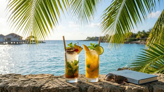 Tropical drinks by ocean with palm leaves