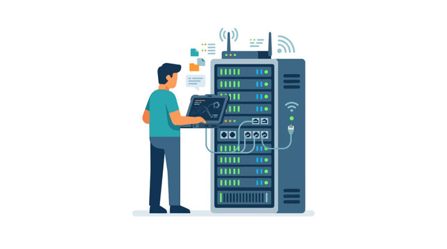 Professional IT technician configuring a wireless network server rack for data center maintenance flat vector illustration