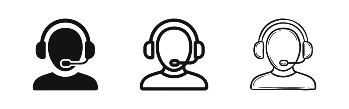 Customer support operator icon set, call center and headset symbols