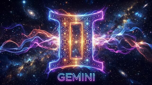 Glowing ornate frame of the Gemini zodiac sign in deep space. Colorful cosmic background with stars and nebulae. Neon text reading Gemini