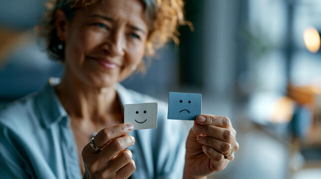 Woman holding contrasting happy and sad face cards to express changing emotions with cinematic shadows, gentle depth of field and space for thoughtful messaging, showing mindfulness, stress