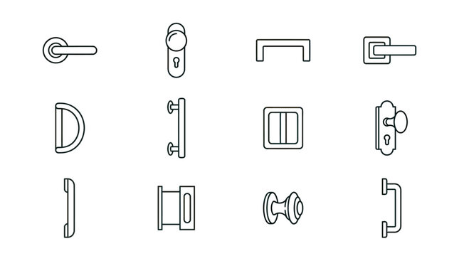 Collection of modern door knob and handle icons for interior design and hardware
