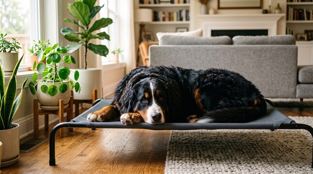 Beautiful fluffy black and rust Bernese Mountain Dog relaxes comfortably on a dark grey elevated mesh bed in a warm sunlit living room.