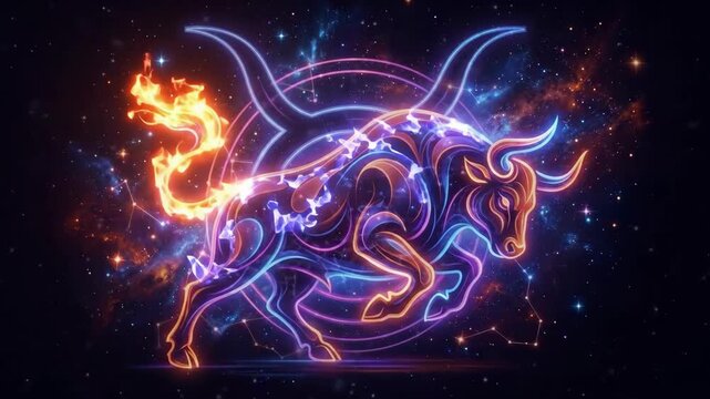 Neon bull charging through a starry cosmos with glowing blue and orange lines and constellation patterns
