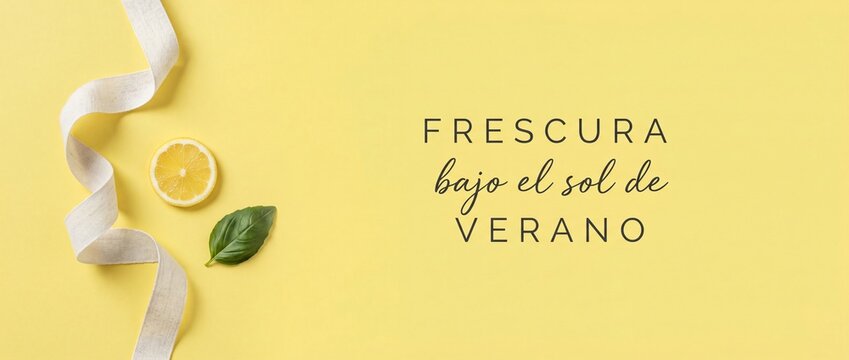 Lemon slice green basil leaf on yellow background with Spanish text "Frescura bajo el sol de verano" creating a fresh summer banner concept, minimalist flat lay layout with copy space.