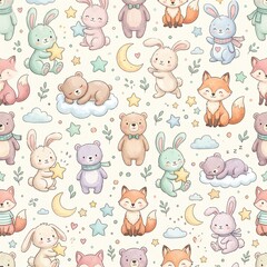 Obraz premium seamless repeat with cute bunnies, bears, foxes and stars, soft pastel nursery palette