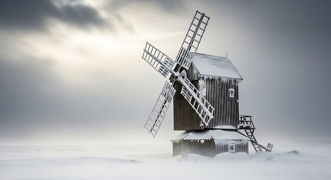 Historic wooden windmill covered in snow during a winter storm