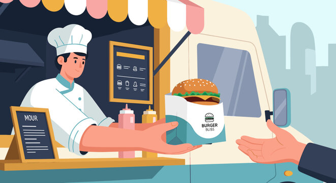 Chef in a food truck serving a delicious burger to a customer in a city setting.