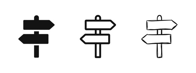 Set of street direction sign icons, signpost flat and hand drawn vector illustrations © drawing lines