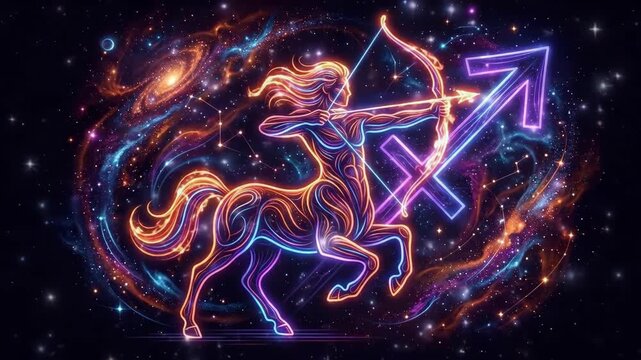 Vibrant neon illustration of the Sagittarius zodiac centaur archer aiming a bow amidst a colorful cosmic galaxy background