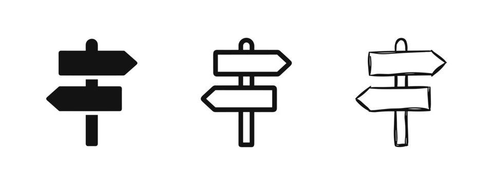 Set of street direction sign icons, signpost flat and hand drawn vector illustrations