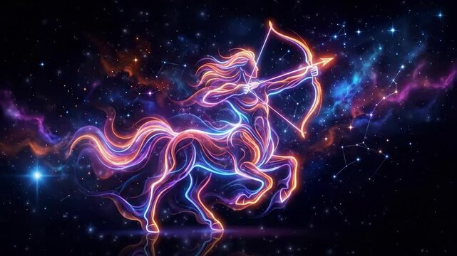 Neon glowing Sagittarius zodiac sign centaur archer with bow and arrow. Colorful abstract constellation art against cosmic starry night background
