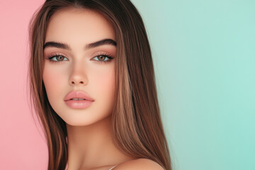 Fototapeta premium Portrait woman face beauty makeup brown hair pink lips studio closeup pastel