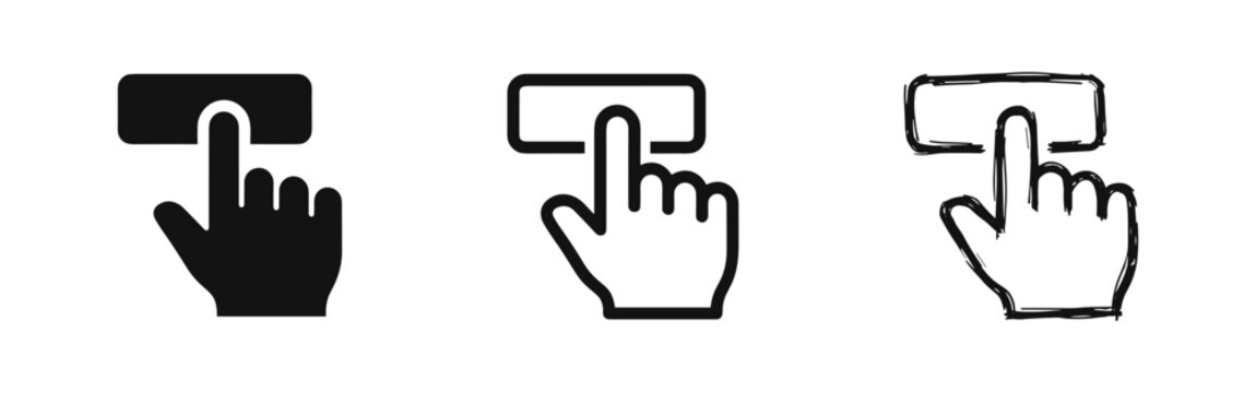 Set of pressing button icons, solid, outline and sketch styles