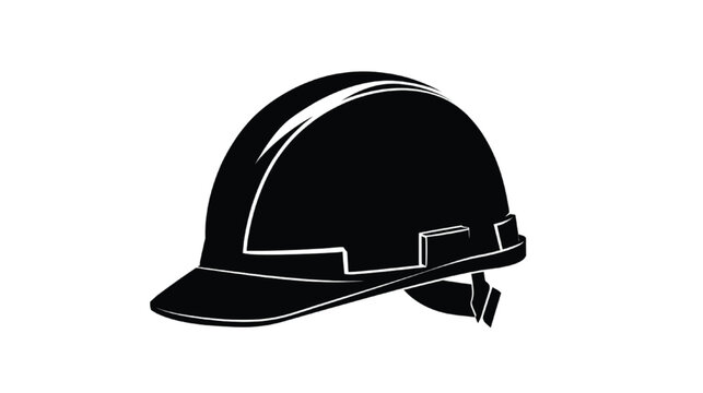 Hard hat profile displays a protective construction helmet in a bold black graphic style.