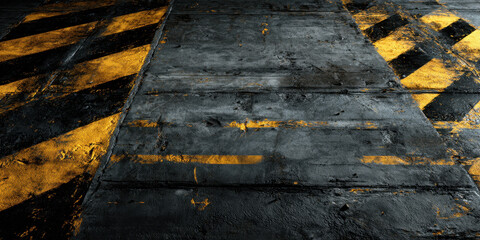 Obraz premium Black tarmac surface with yellow hazard stripe grunge texture urban pavement worn road marking industrial background abstract ground dark asphalt rough surface