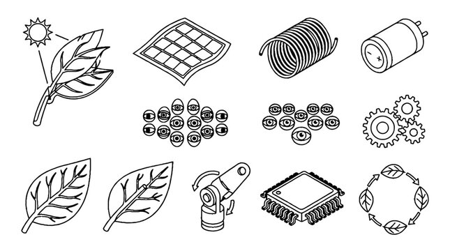 Isometric line art icons of renewable energy and green technology concepts.