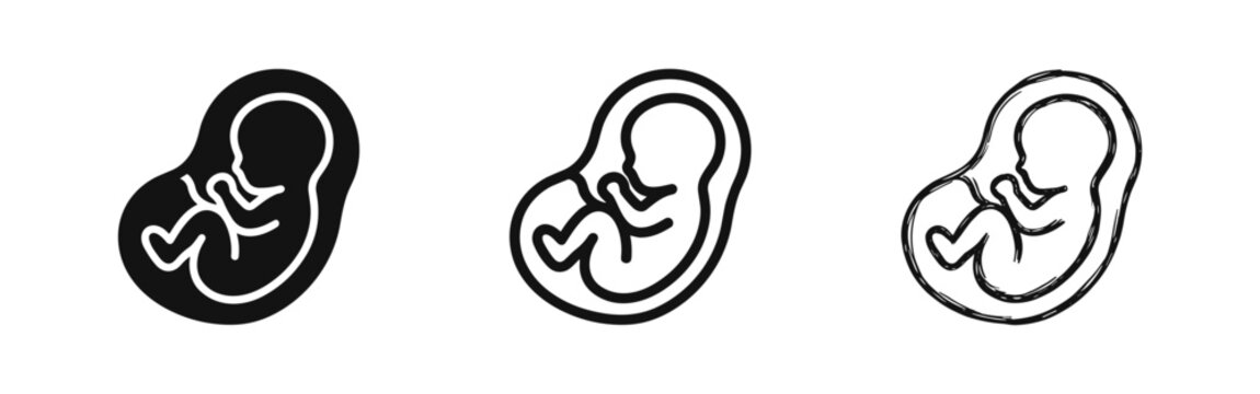 Human fetus icon set in solid, outline, and sketch styles
